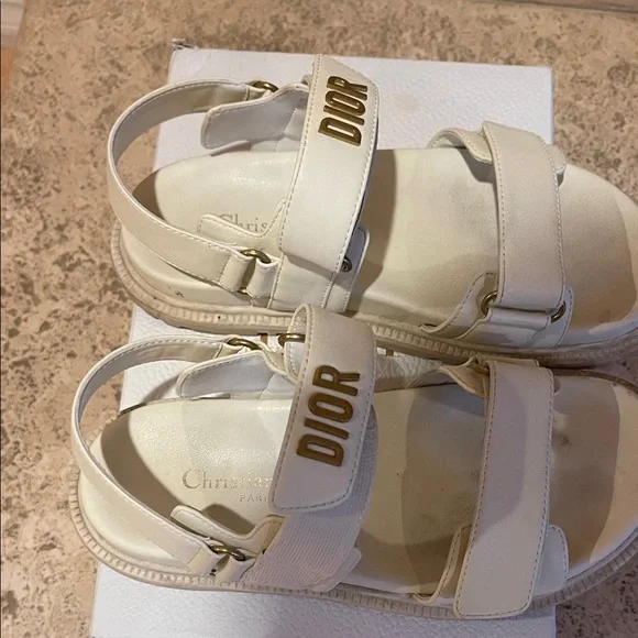 Dior Cream Leather Velcro Logo Sandals - Picture 2 of 3